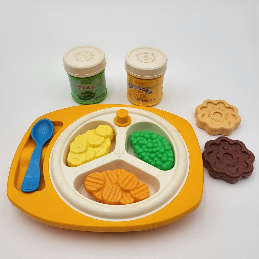 Vtg 1986 Fisher-Price Play Food Babys Mealtime Peas Bananas Carrots Cookies Tray